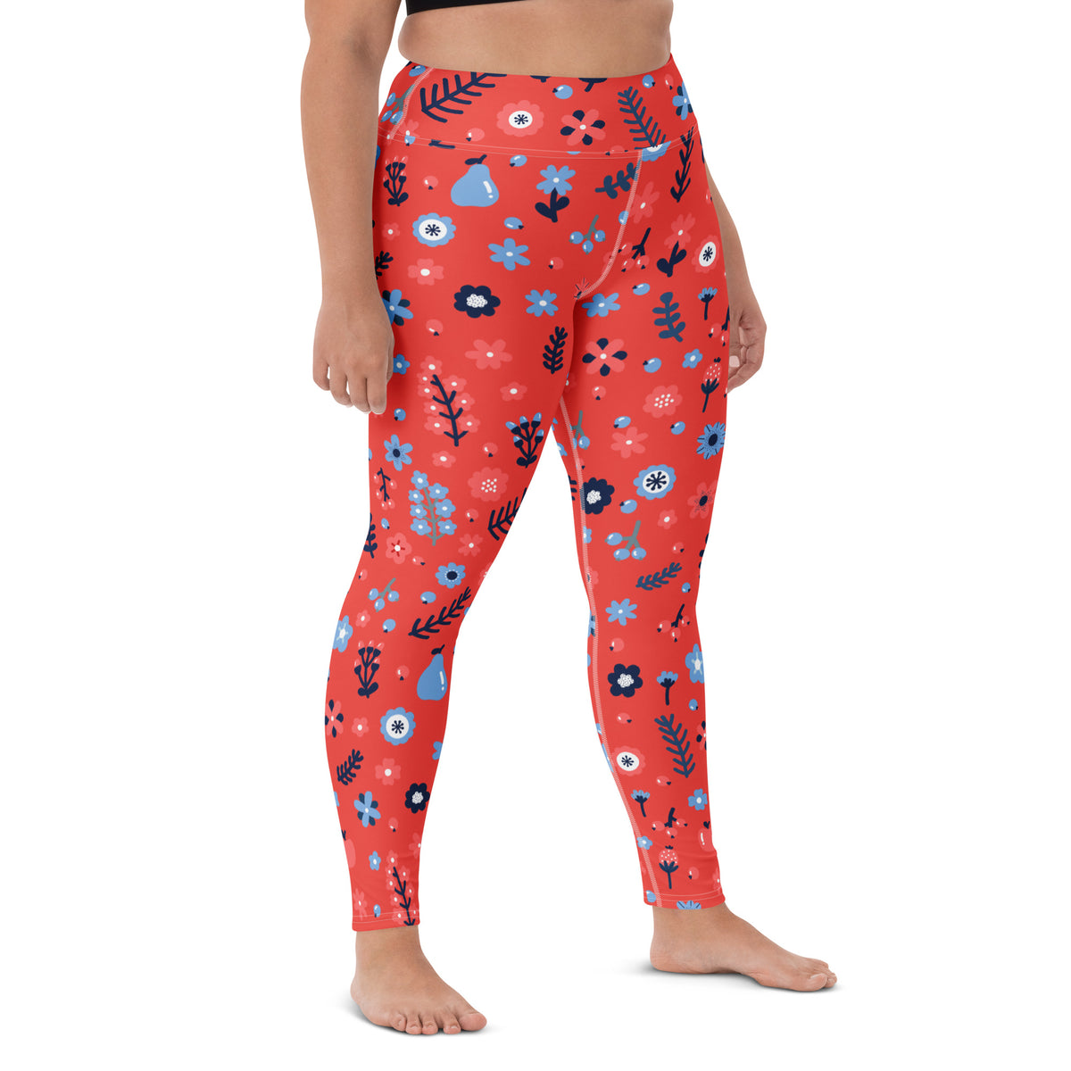 Women's Red Floral Buttery Soft Yoga Leggings - Quick Drying, High Waisted Comfort