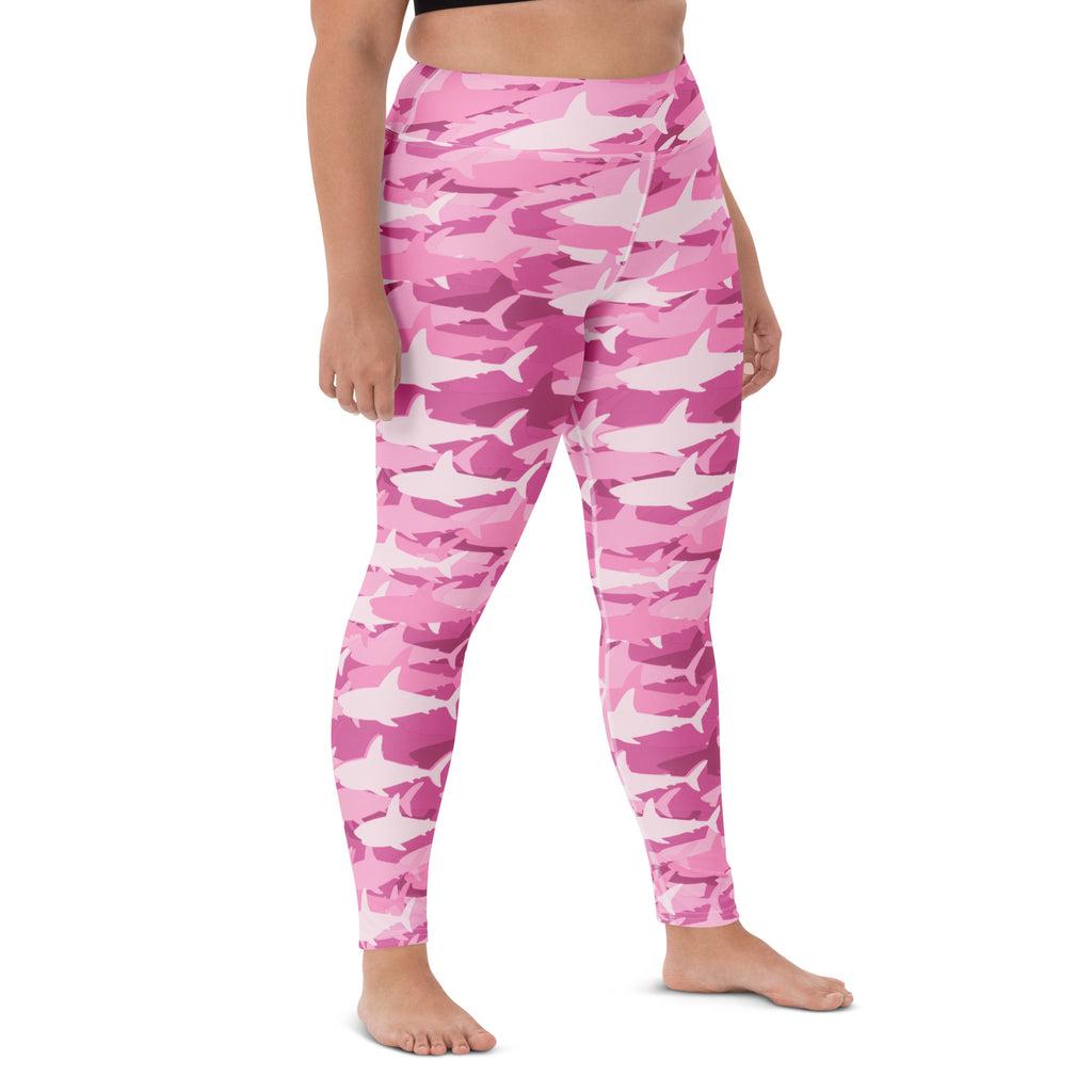 Women's Pink Shark Camouflage Buttery Soft Yoga Leggings - Quick Drying, High Waisted Comfort