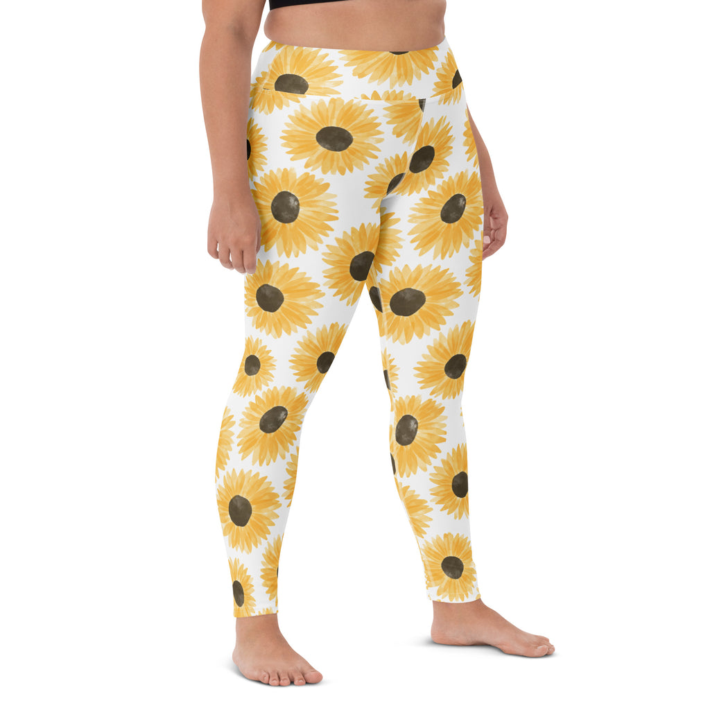 Women's Watercolor Sunflower Buttery Soft Yoga Leggings - Quick Drying, High Waisted Comfort