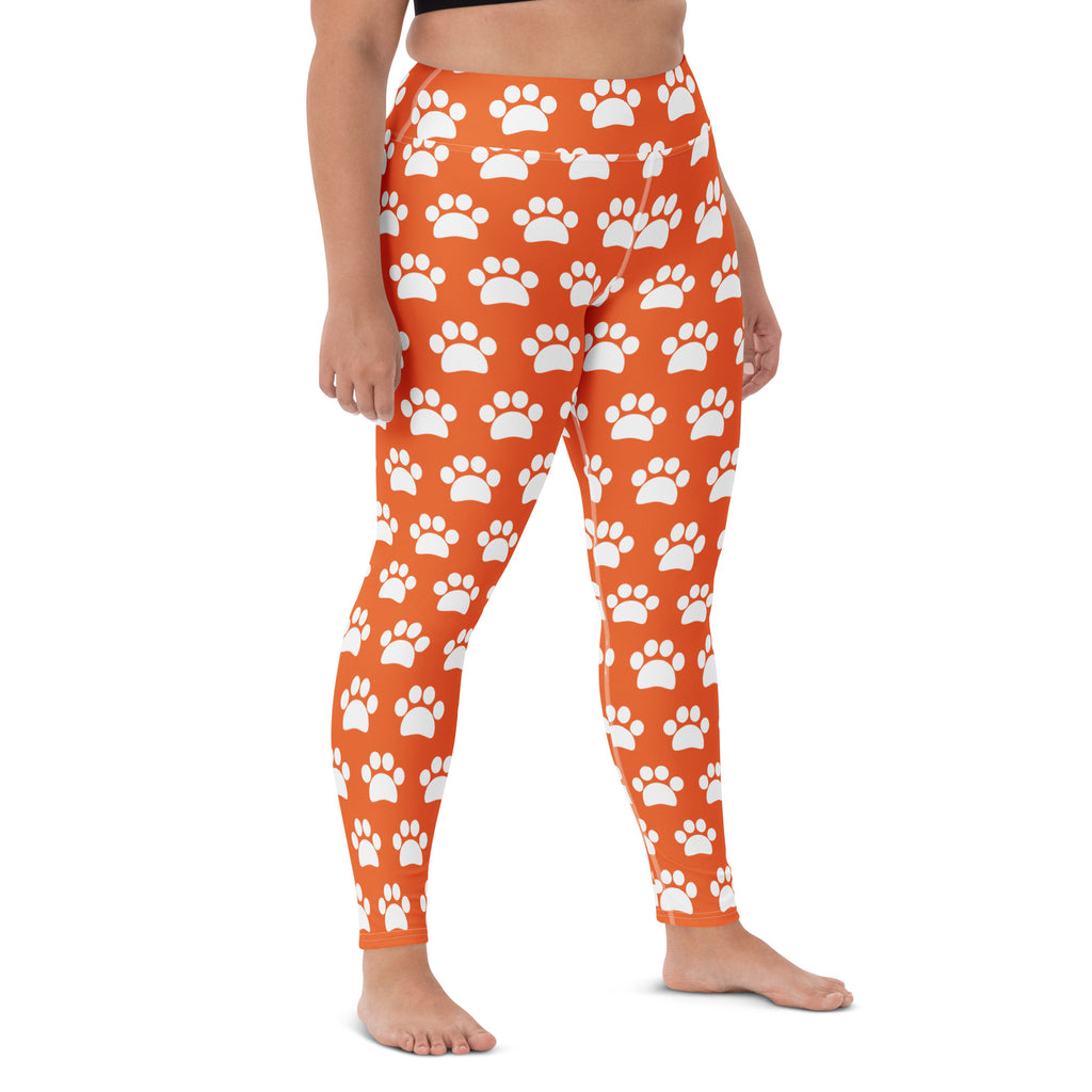 Women's Orange Paw Print Buttery Soft Yoga Leggings - Quick Drying, High Waisted Comfort