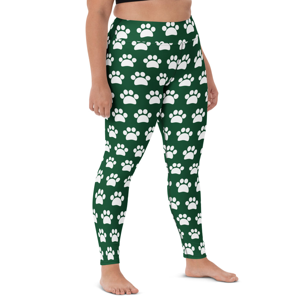Women's Forest Green Paw Print Buttery Soft Yoga Leggings - Quick Drying, High Waisted Comfort