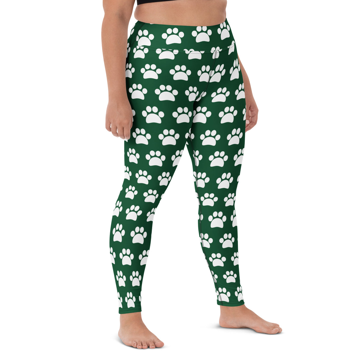 Women's Forest Green Paw Print Buttery Soft Yoga Leggings - Quick Drying, High Waisted Comfort