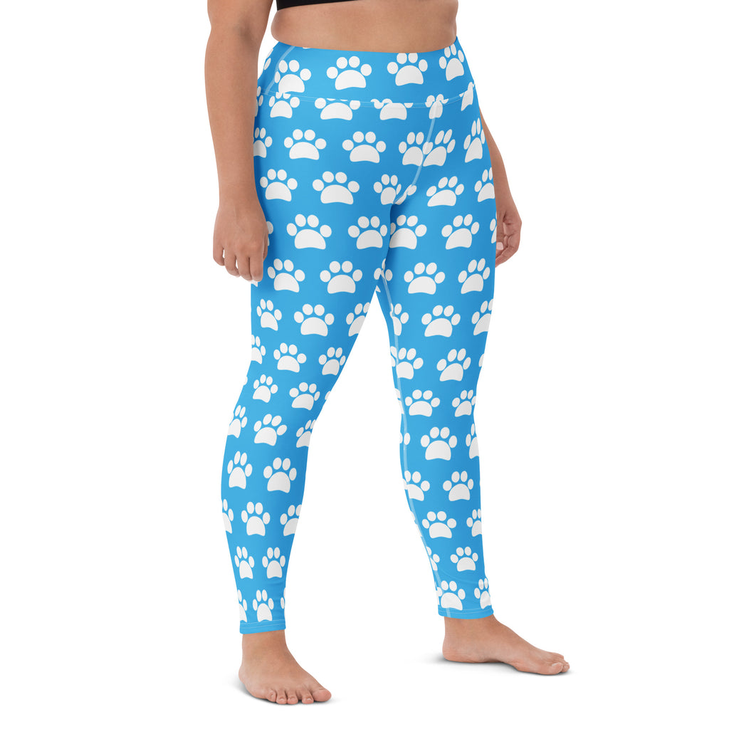 Women's Light Blue Paw Print Buttery Soft Yoga Leggings - Quick Drying, High Waisted Comfort