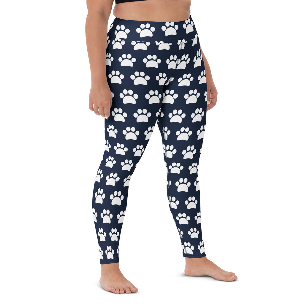 Women's Navy Blue Paw Print Buttery Soft Yoga Leggings - Quick Drying, High Waisted Comfort