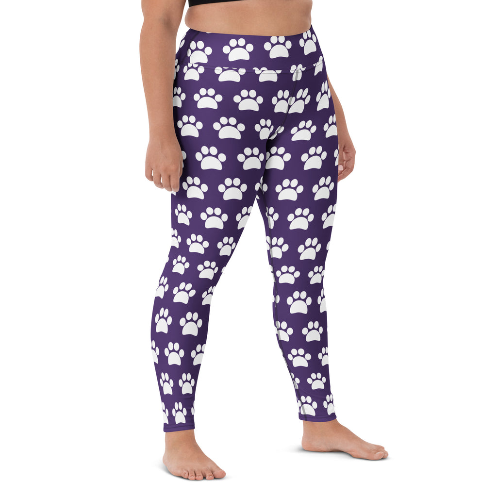 Women's Dark Purple Paw Print Buttery Soft Yoga Leggings - Quick Drying, High Waisted Comfort