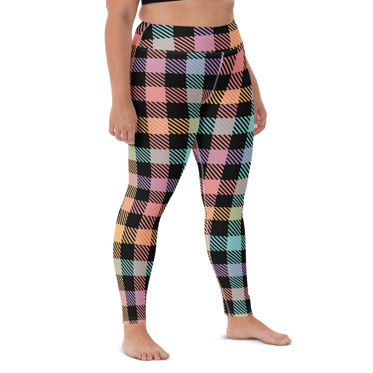 Women's Colorful Black Pastel Plaid Buttery Soft Yoga Leggings - Quick Drying, High Waisted Comfort