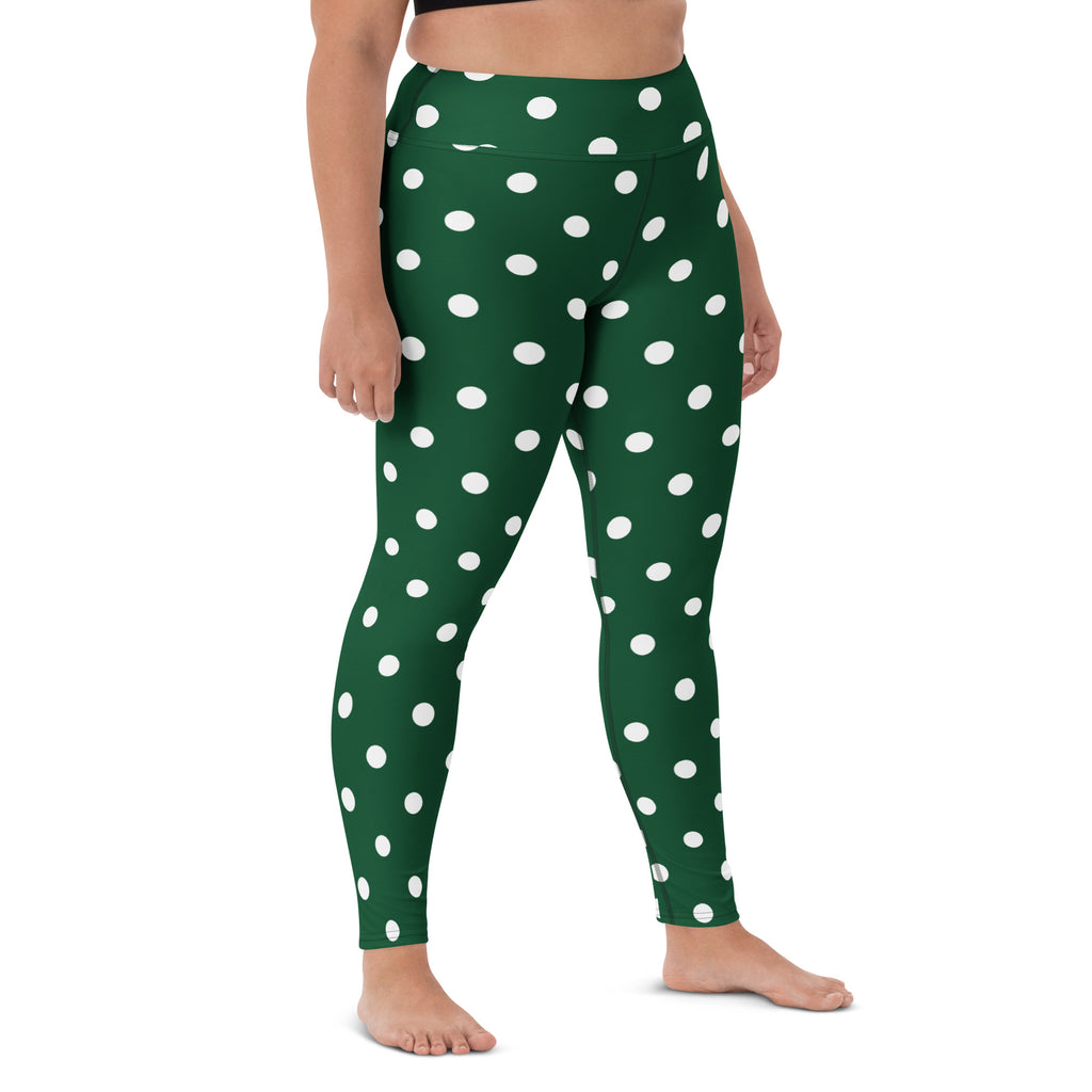Women's Forest Green Polka Dot Buttery Soft Yoga Leggings - Quick Drying, High Waisted Comfort