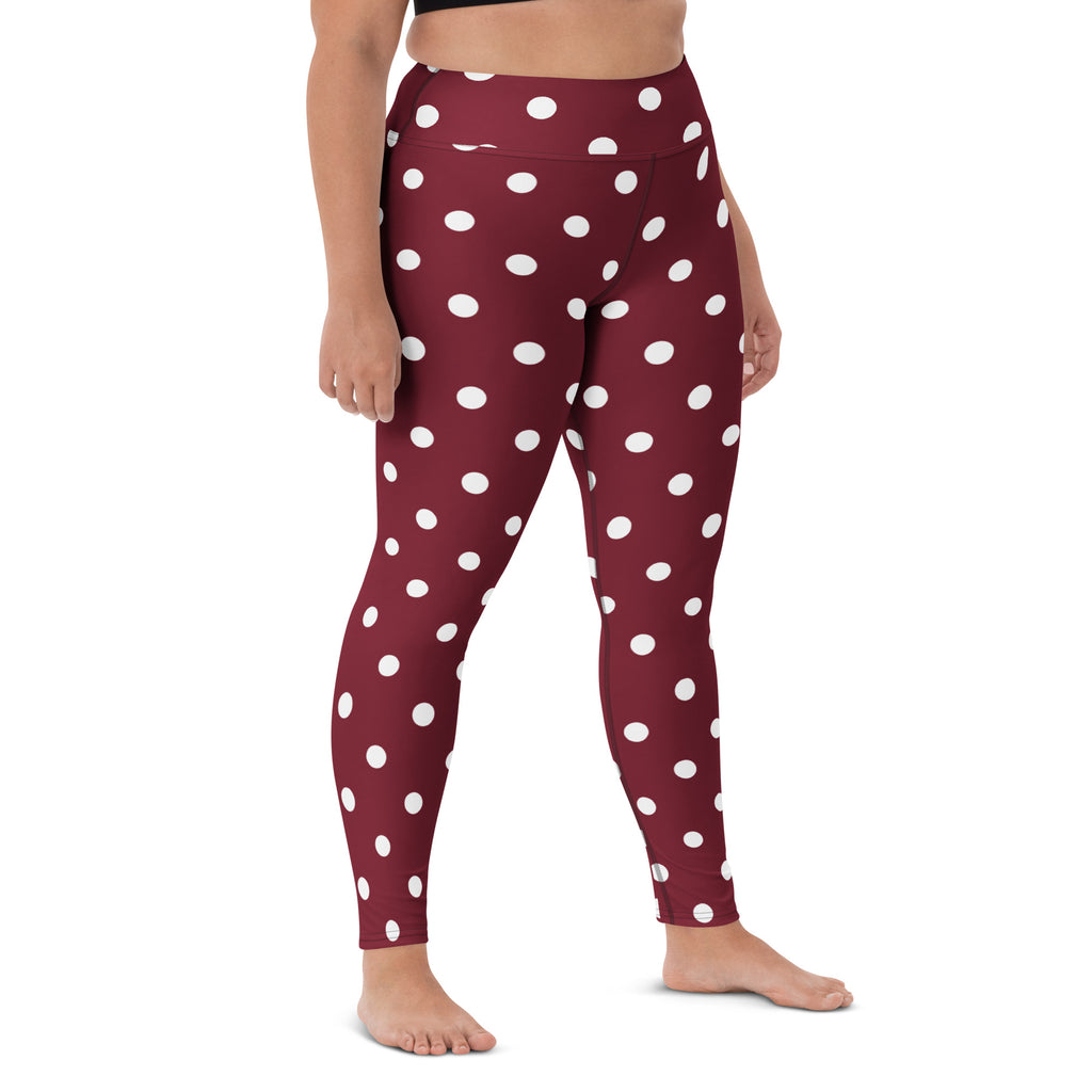 Women's Burgundy Polka Dot Buttery Soft Yoga Leggings - Quick Drying, High Waisted Comfort