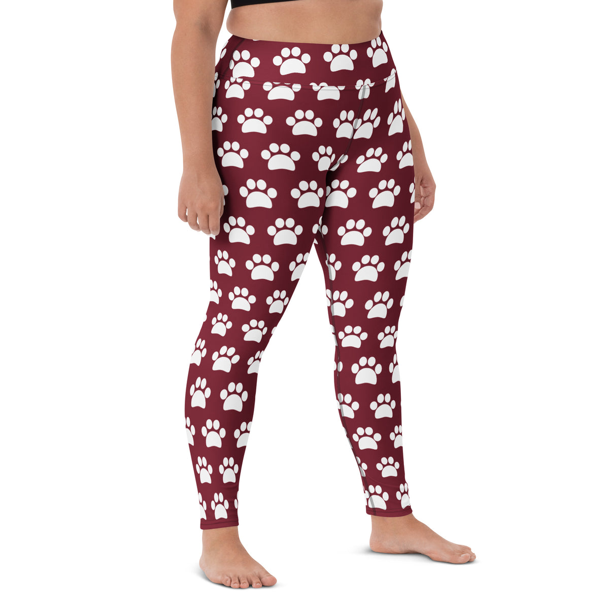 Women's Burgundy Paw Print Buttery Soft Yoga Leggings - Quick Drying, High Waisted Comfort