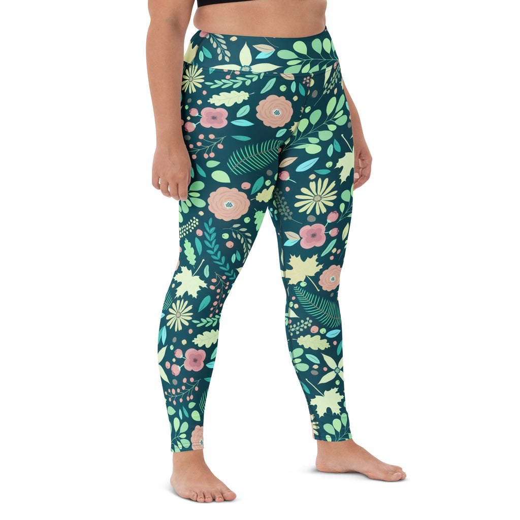 Women's Dark Green Floral Buttery Soft Yoga Leggings - Quick Drying, High Waisted Comfort