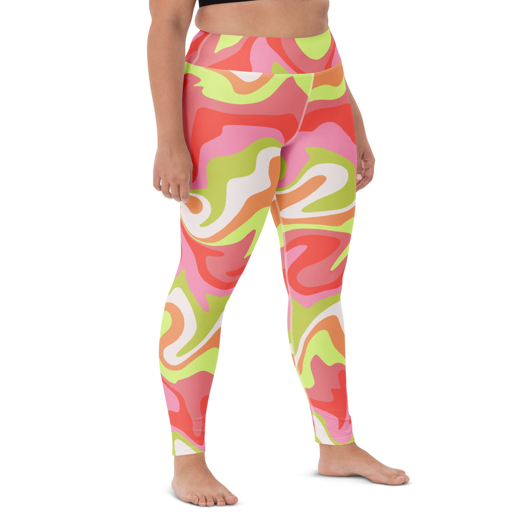 Women's Pink Green Retro Swirl Buttery Soft Yoga Leggings - Quick Drying, High Waisted Comfort