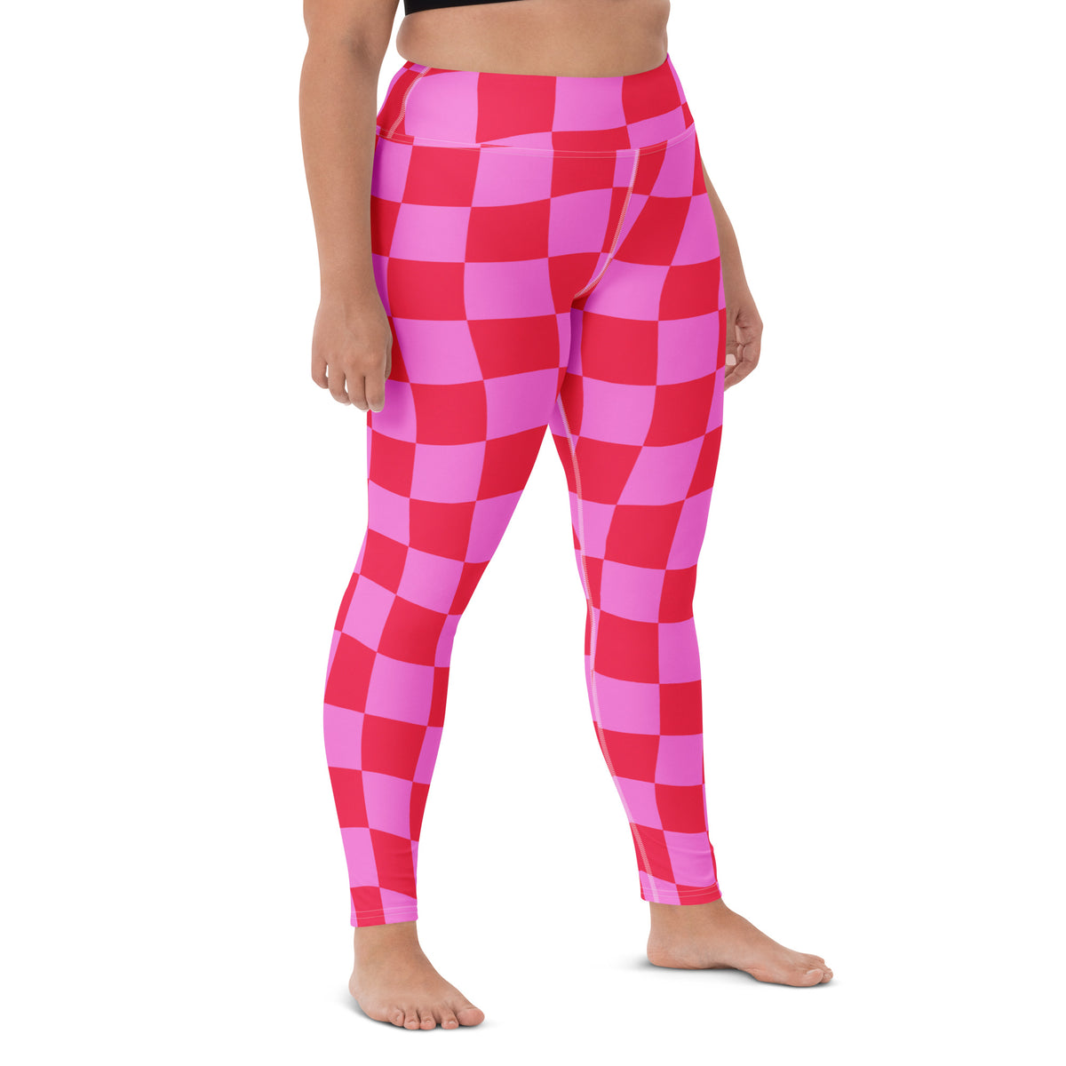 Women's Hot Pink Wavy Checkered Buttery Soft Yoga Leggings - Quick Drying, High Waisted Comfort