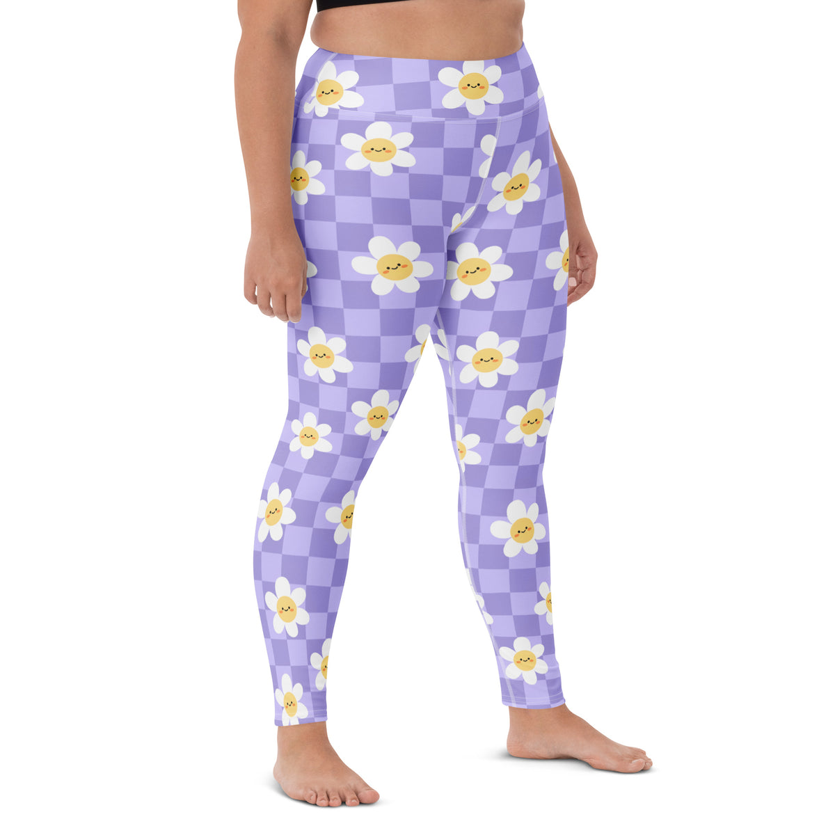 Women's Purple Daisy Checkered Buttery Soft Yoga Leggings - Quick Drying, High Waisted Comfort