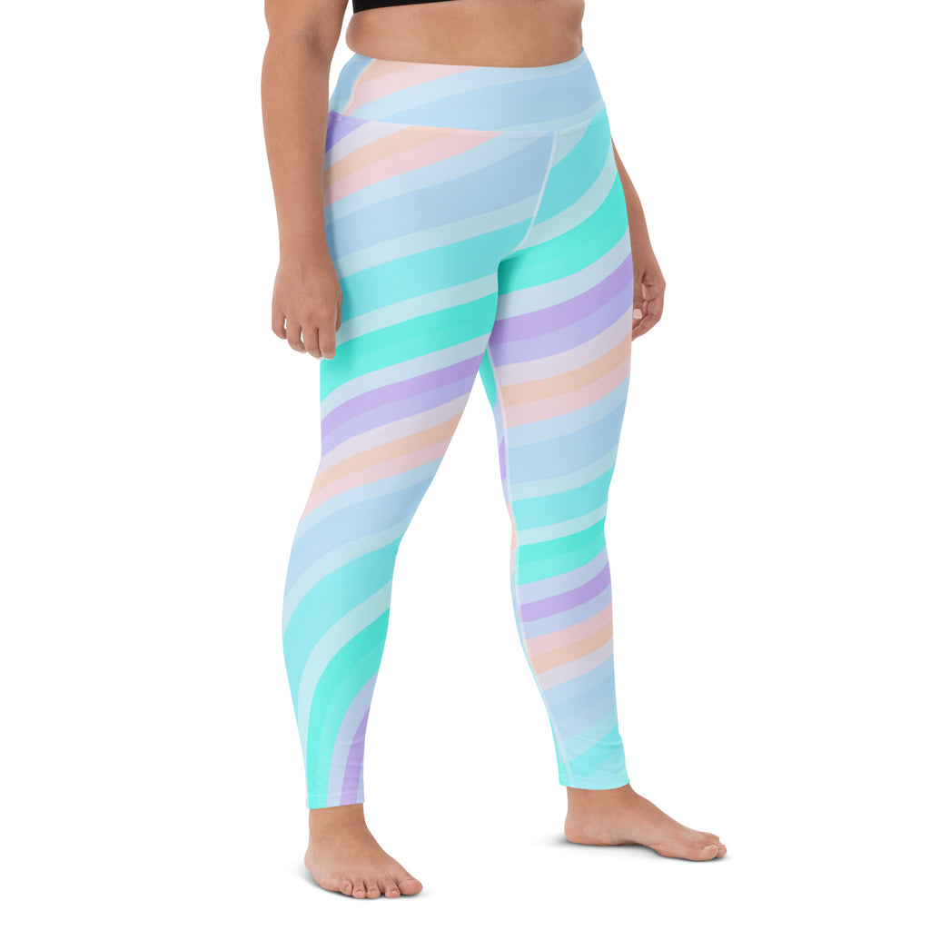 Women's Pastel Blue Rainbow Striped Buttery Soft Yoga Leggings - Quick Drying, High Waisted Comfort