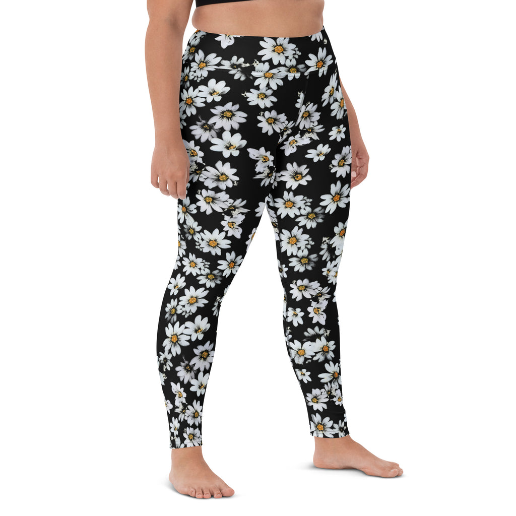 Women's Black Daisy Floral Buttery Soft Yoga Leggings - Quick Drying, High Waisted Comfort