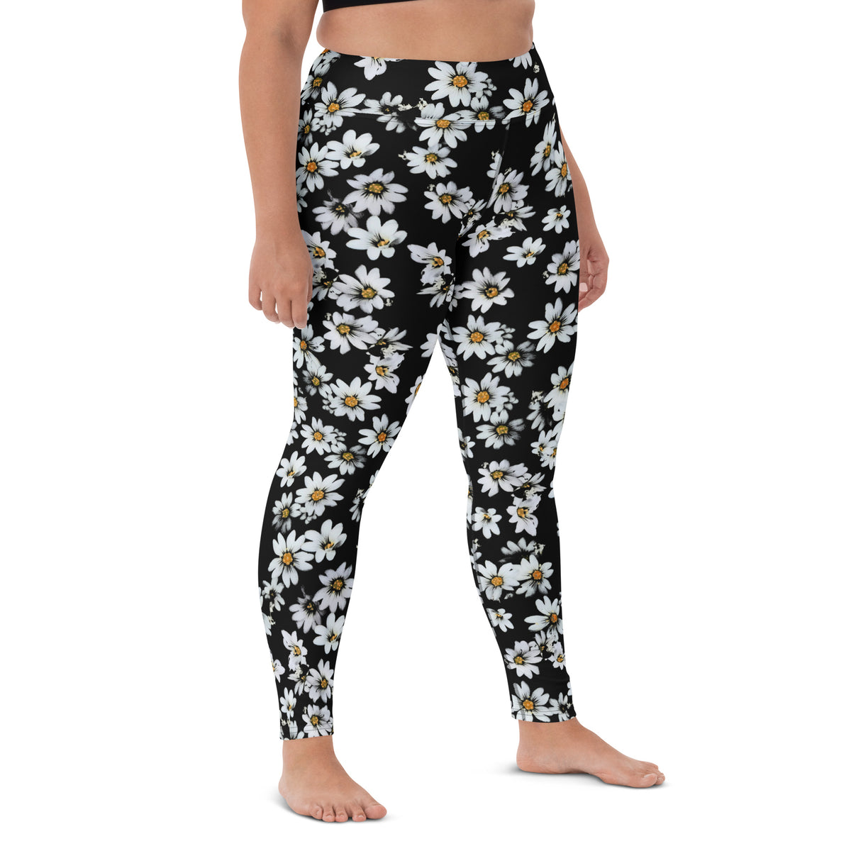Women's Black Daisy Floral Buttery Soft Yoga Leggings - Quick Drying, High Waisted Comfort