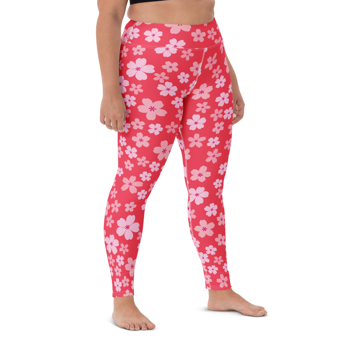 Women's Bright Pink Cherry Blossom Buttery Soft Yoga Leggings - Quick Drying, High Waisted Comfort