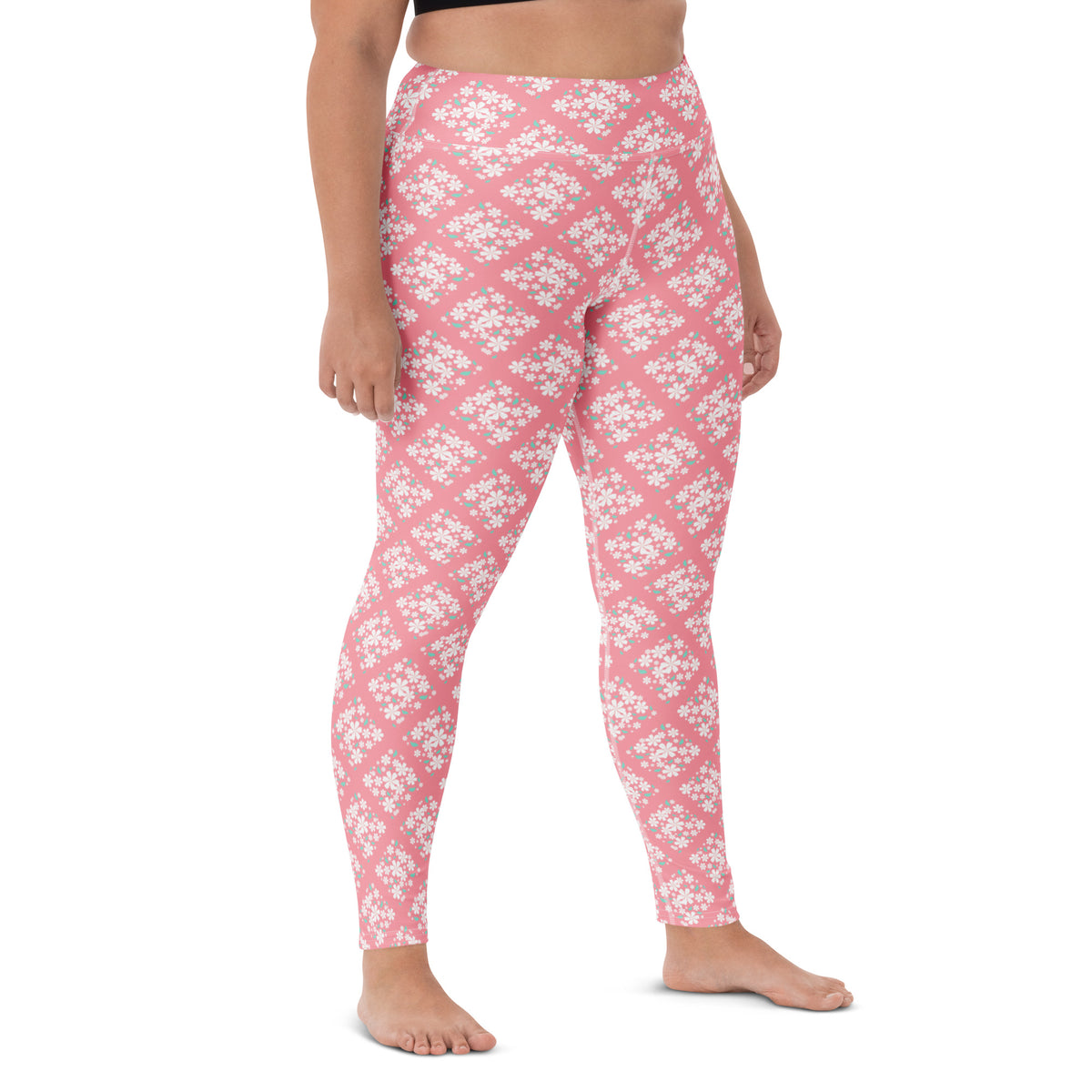 Women's Pink Floral Diamond Buttery Soft Yoga Leggings - Quick Drying, High Waisted Comfort