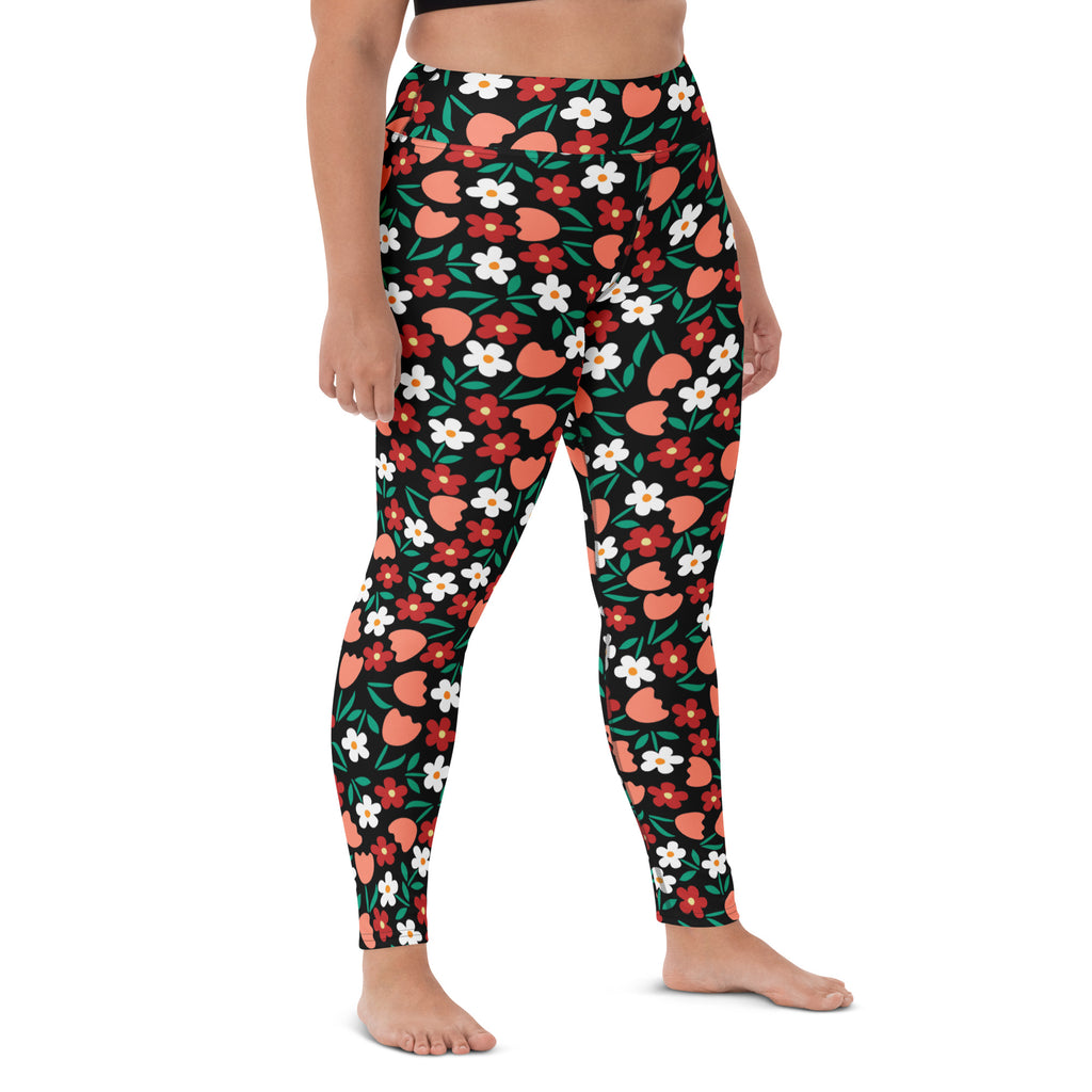 Women's Coral Red Floral Buttery Soft Yoga Leggings - Quick Drying, High Waisted Comfort