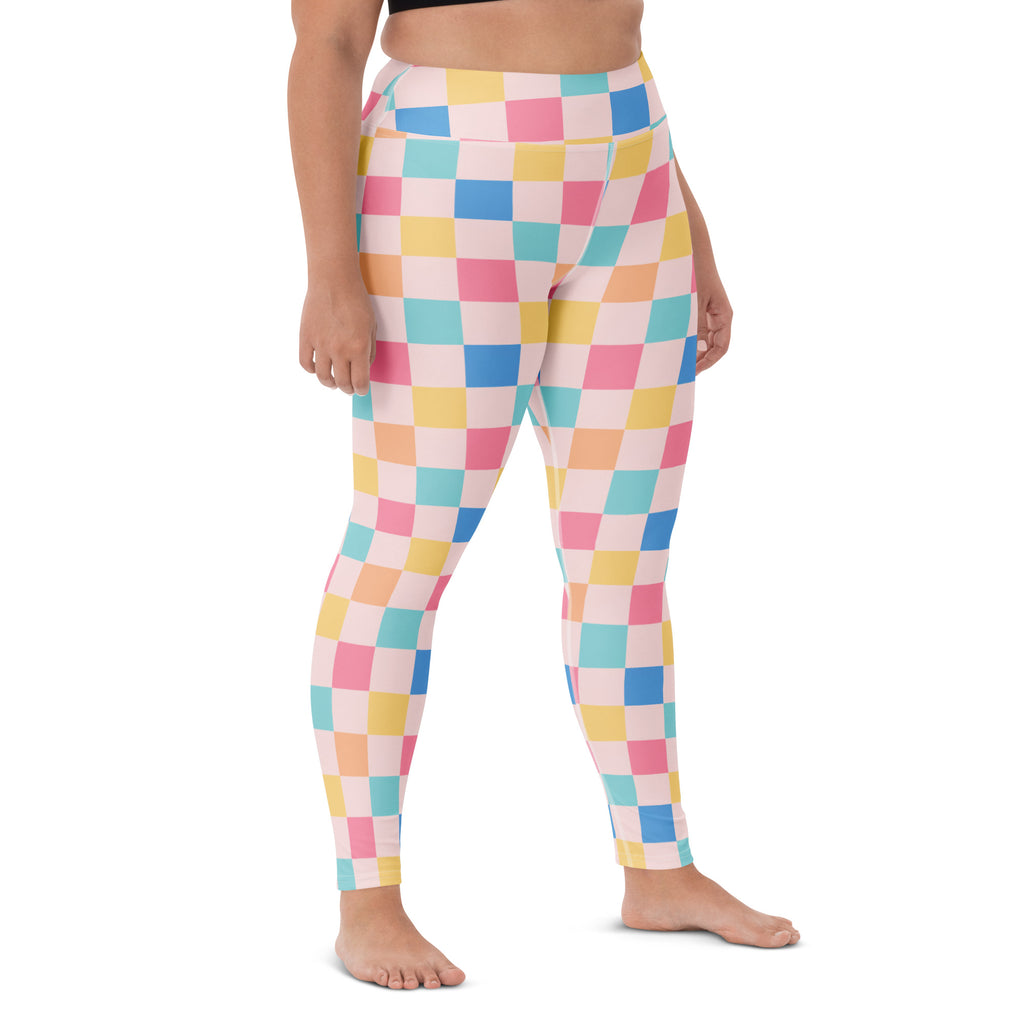 Women's Colorful Pastel Checkered Buttery Soft Yoga Leggings - Quick Drying, High Waisted Comfort