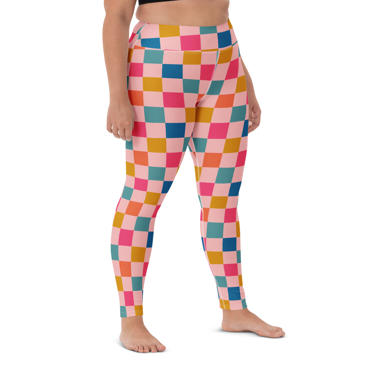 Women's Colorful Pink Checkered Buttery Soft Yoga Leggings - Quick Drying, High Waisted Comfort