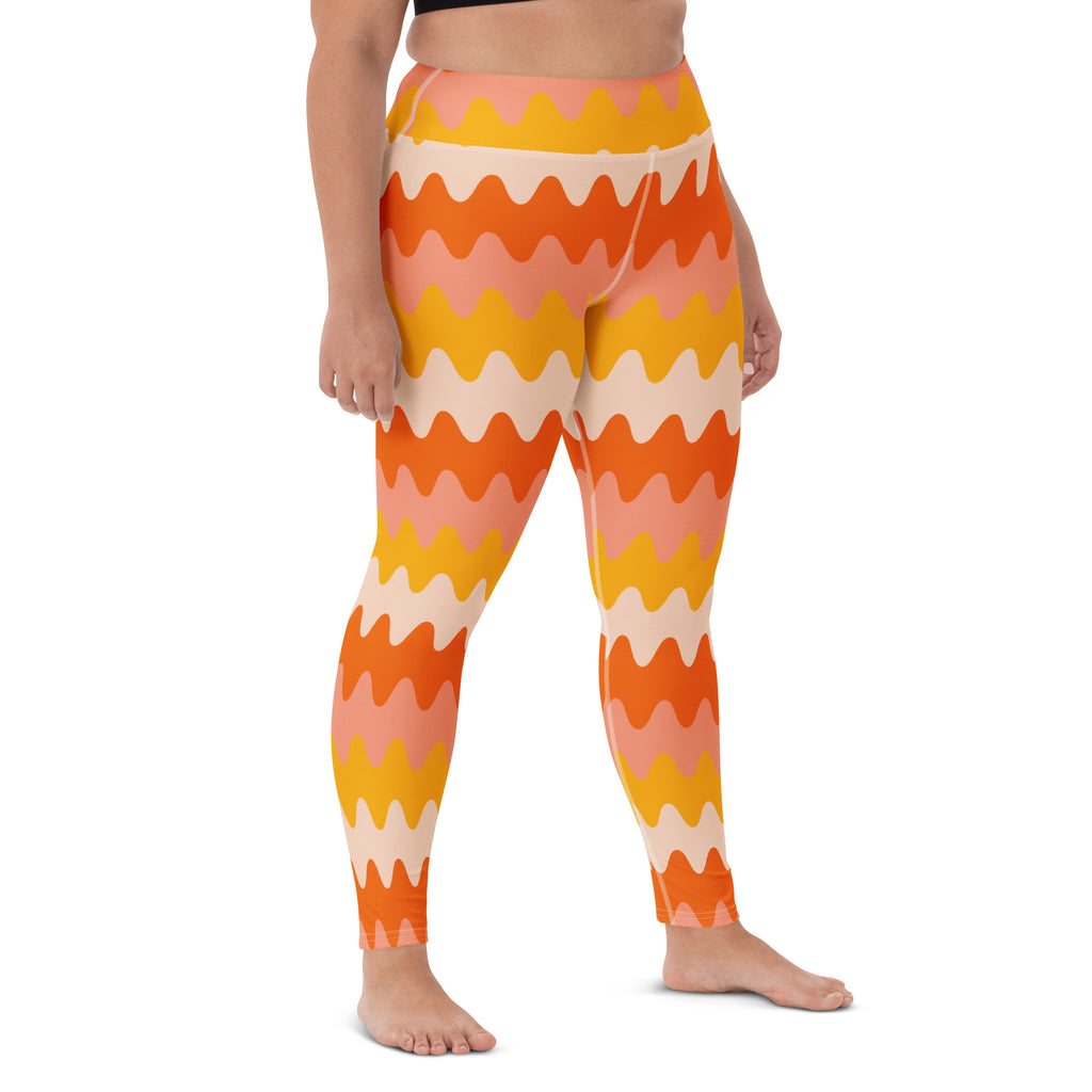 Women's Orange Wavy Stripe Buttery Soft Yoga Leggings - Quick Drying, High Waisted Comfort