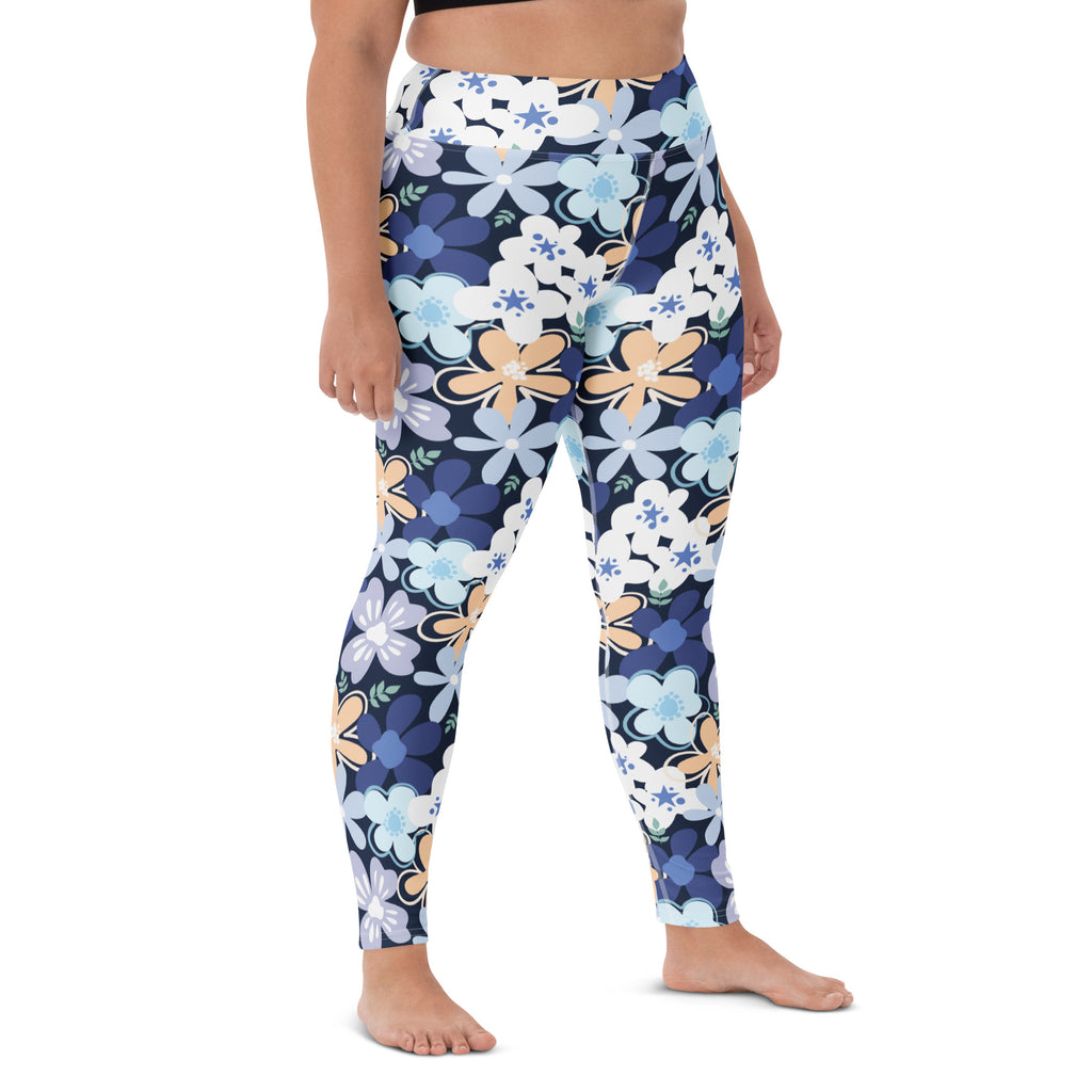 Women's Navy Blue Flowers Buttery Soft Yoga Leggings - Quick Drying, High Waisted Comfort