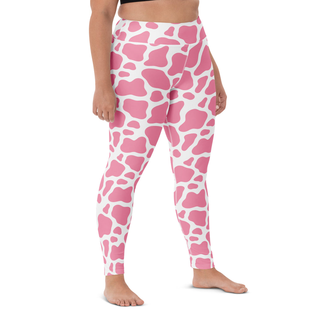 Women's Pink Cow Print Buttery Soft Yoga Leggings - Quick Drying, High Waisted Comfort
