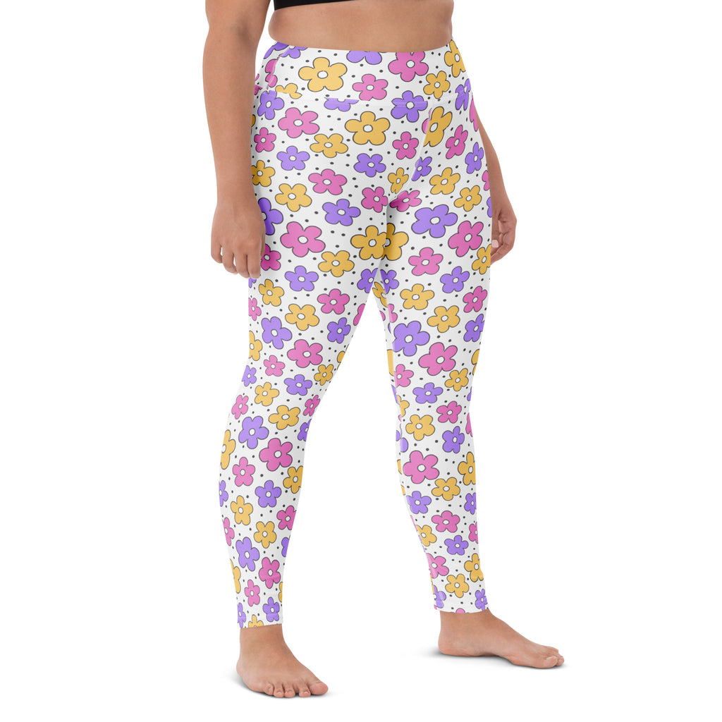 Women's Pink Purple Yellow Floral Buttery Soft Yoga Leggings - Quick Drying, High Waisted Comfort