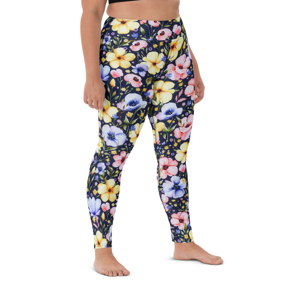 Women's Navy Watercolor Floral Buttery Soft Yoga Leggings - Quick Drying, High Waisted Comfort
