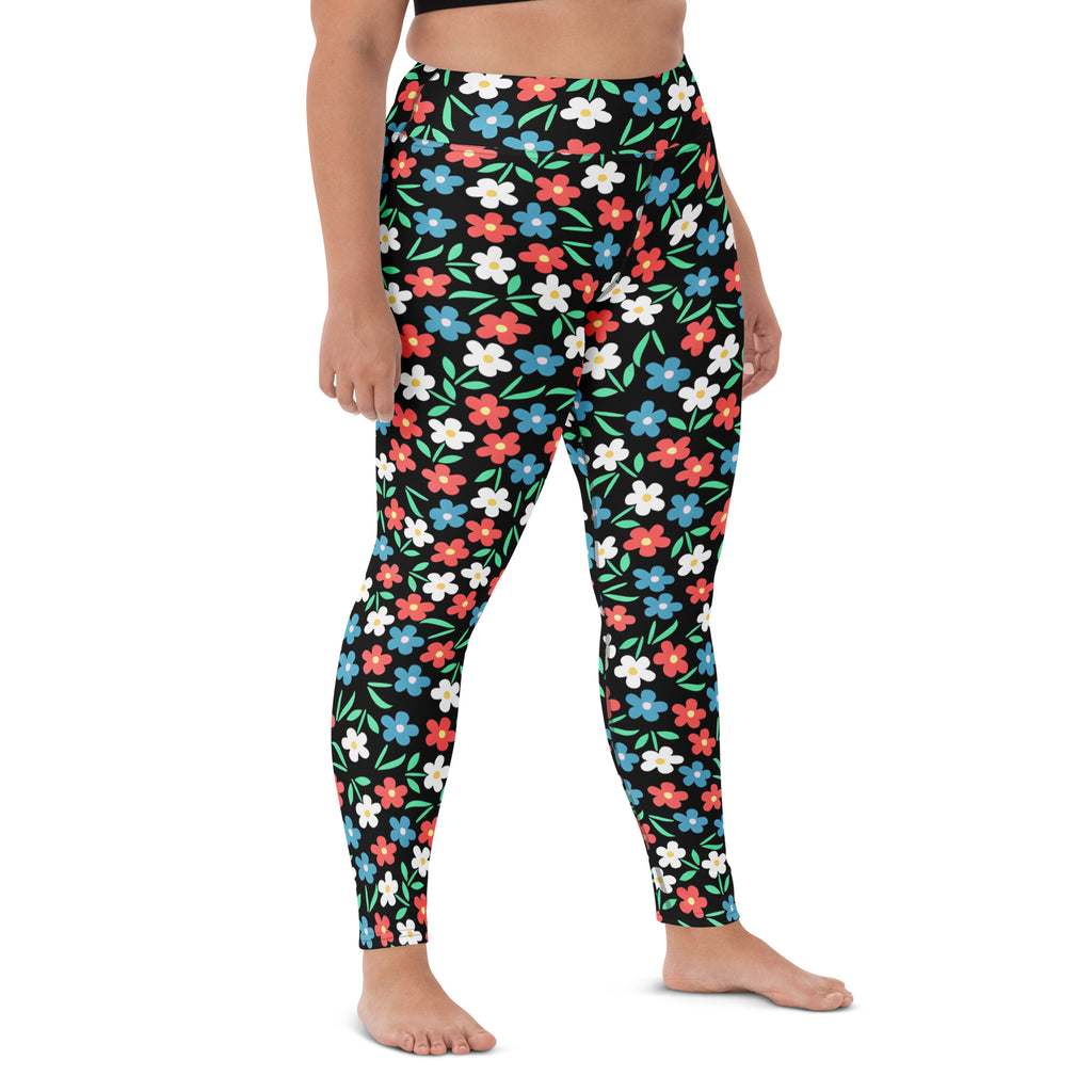 Women's Colorful Black Floral Buttery Soft Yoga Leggings - Quick Drying, High Waisted Comfort