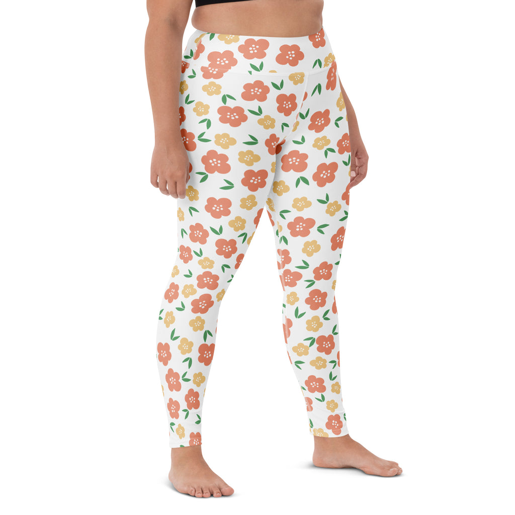 Women's Orange Floral Buttery Soft Yoga Leggings - Quick Drying, High Waisted Comfort