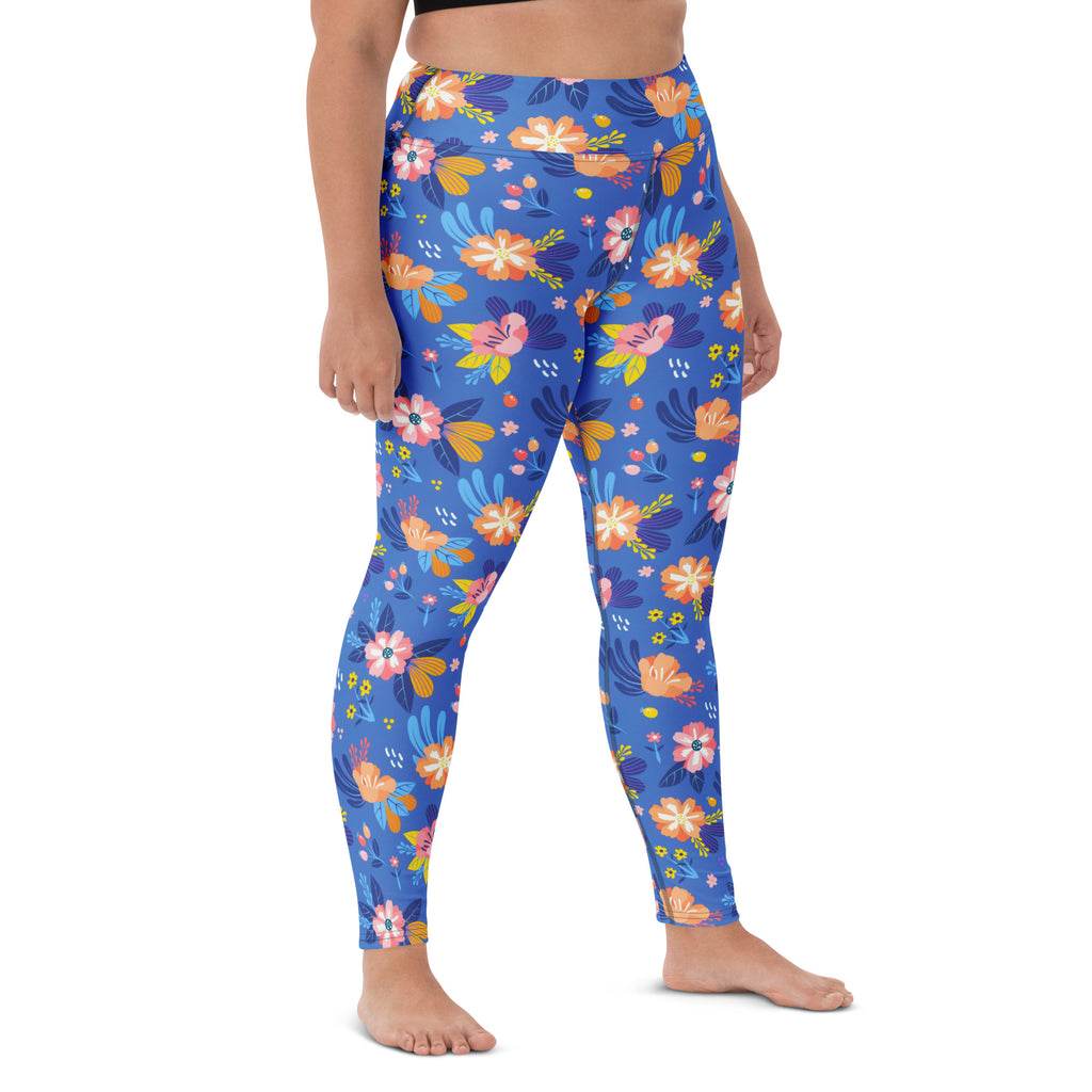 Women's Colorful Blue Floral Buttery Soft Yoga Leggings - Quick Drying, High Waisted Comfort