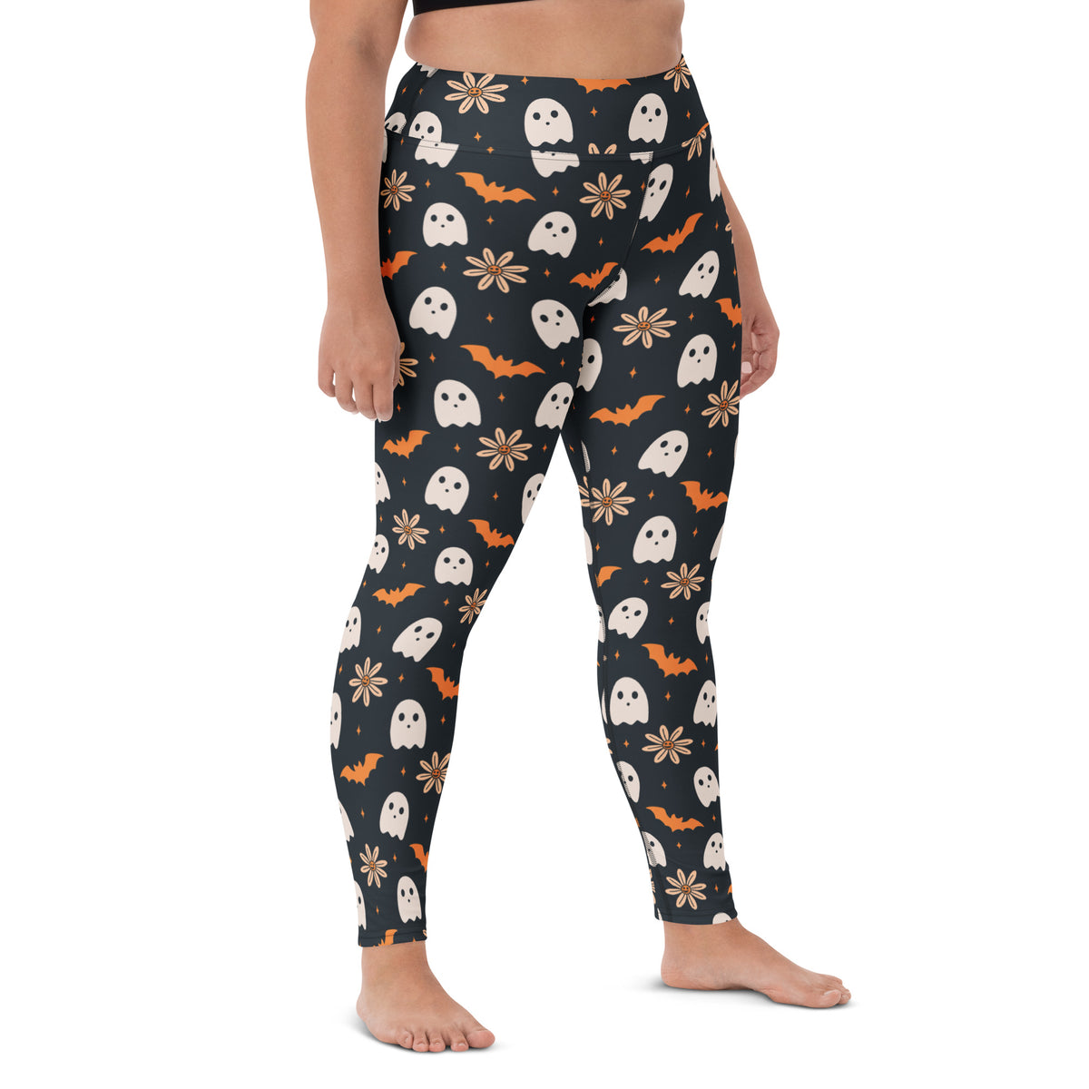 Women's Orange Floral Ghost Halloween Buttery Soft Yoga Leggings - Quick Drying, High Waisted Comfort