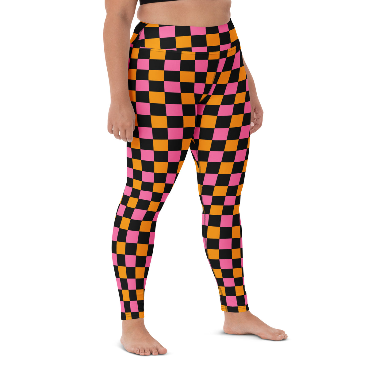 Women's Pink Orange Black Checkered Halloween Buttery Soft Yoga Leggings - Quick Drying, High Waisted Comfort