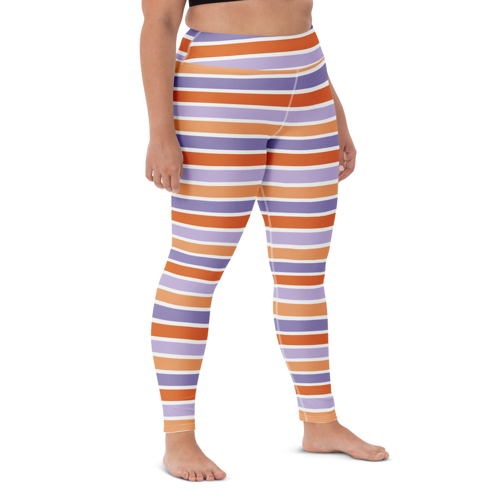 Women's Orange & Purple Striped Halloween Buttery Soft Yoga Leggings - Quick Drying, High Waisted Comfort