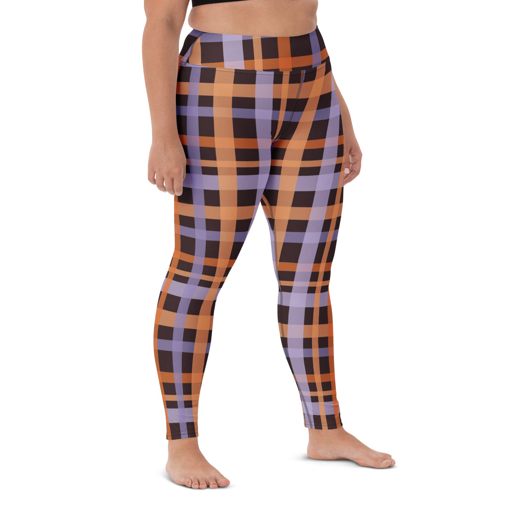 Women's Orange & Purple Plaid Halloween Buttery Soft Yoga Leggings - Quick Drying, High Waisted Comfort