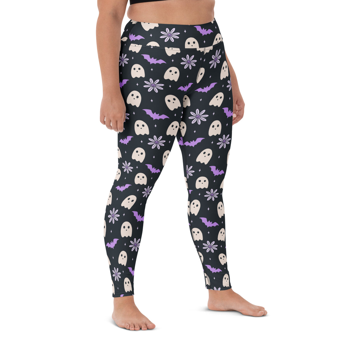 Women's Purple Floral Ghost Halloween Buttery Soft Yoga Leggings - Quick Drying, High Waisted Comfort