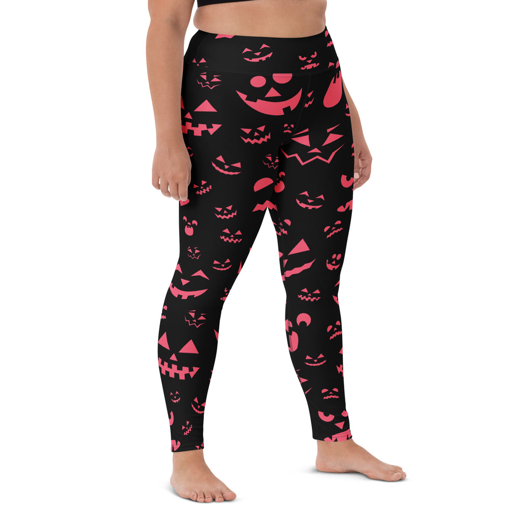 Women's Pink Jack-O'-Lantern Faces Halloween Buttery Soft Yoga Leggings - Quick Drying, High Waisted Comfort