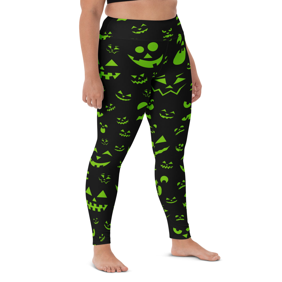 Women's Green Jack-O'-Lantern Faces Halloween Buttery Soft Yoga Leggings - Quick Drying, High Waisted Comfort