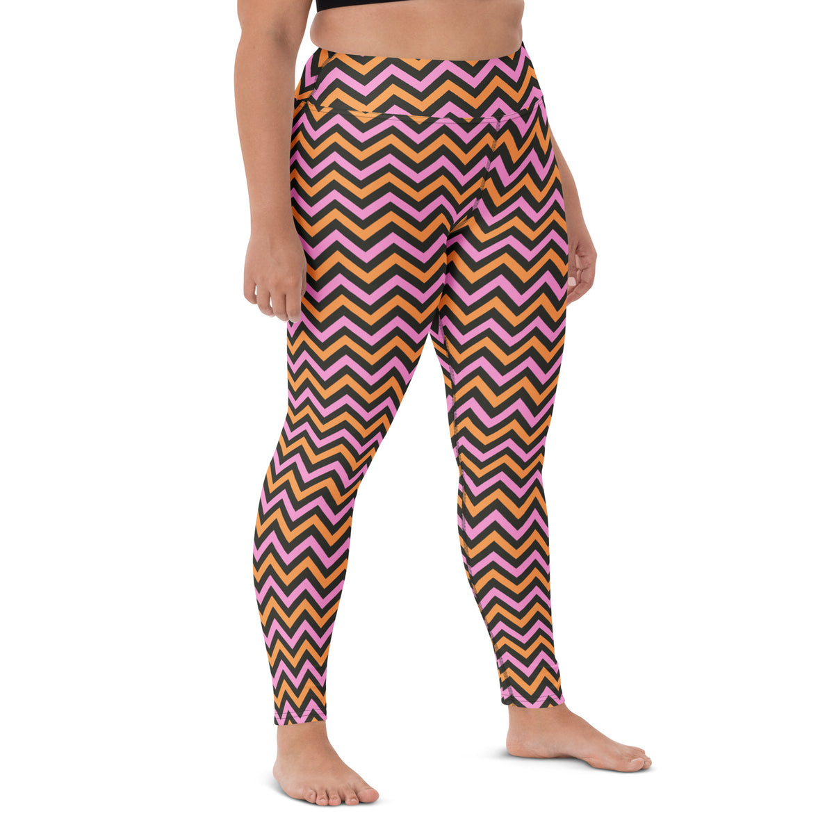 Women's Pink & Orange Chevron Striped Halloween Buttery Soft Yoga Leggings - Quick Drying, High Waisted Comfort