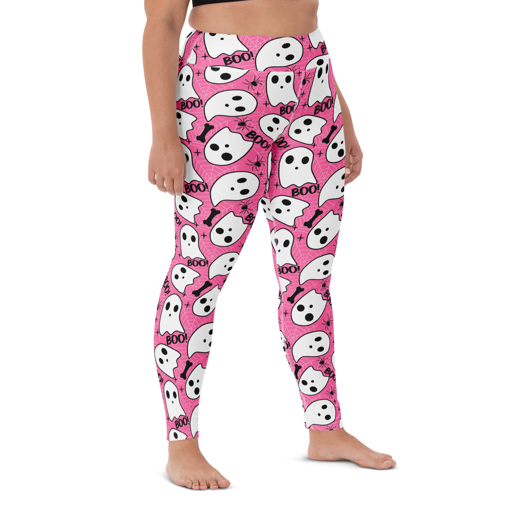 Women's Pink Ghost Halloween Themed Buttery Soft Yoga Leggings - Quick Drying, High Waisted Comfort