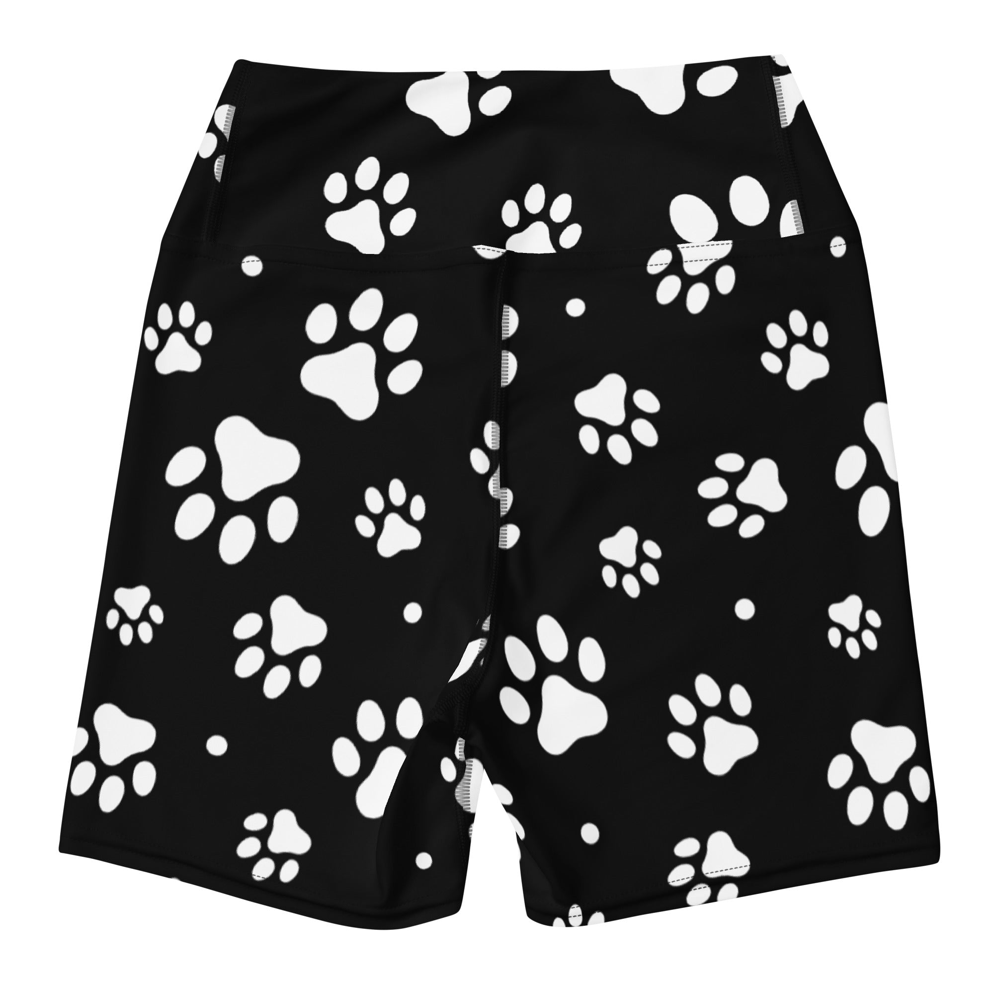 Women’s high waisted black buttery soft yoga shorts with a playful white paw print pattern on the fabric