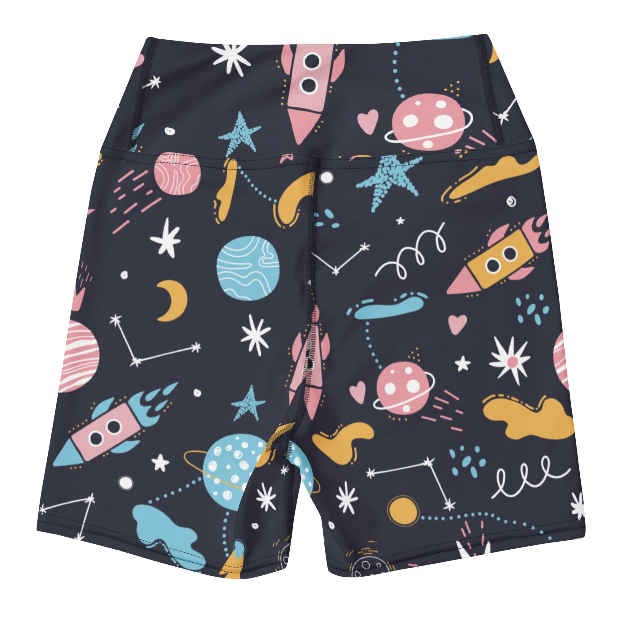 Women’s outer space yoga shorts in dark blue with high waisted buttery soft fabric and playful rocket and planet prints