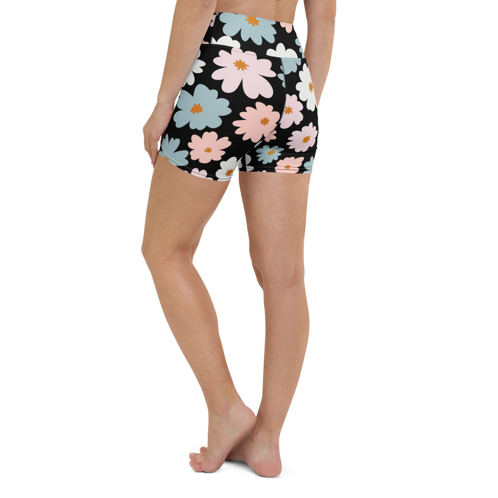 Women’s retro floral yoga shorts high waisted black with buttery soft fabric and vibrant pink blue white blossoms