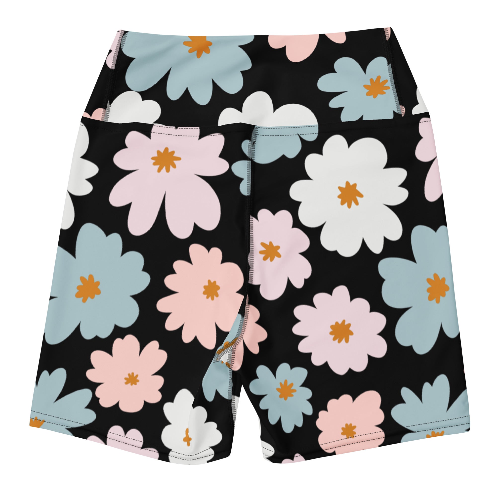 Women’s retro floral high waisted black yoga shorts with pastel pink blue white flowers and orange centers buttery soft