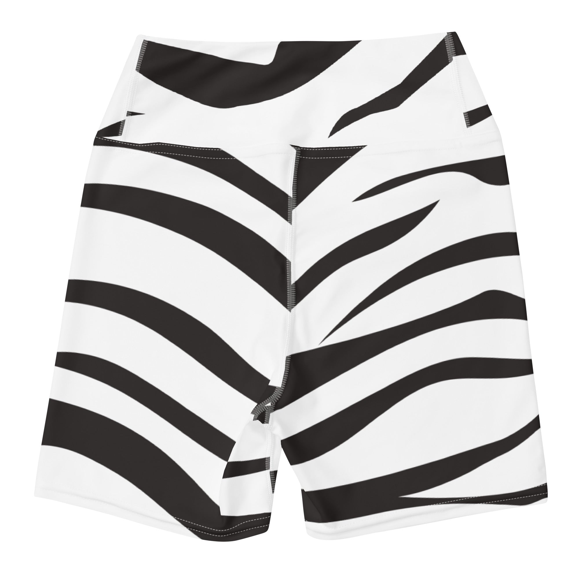 Women’s black and white zebra print high waisted buttery soft yoga shorts with a sleek modern design