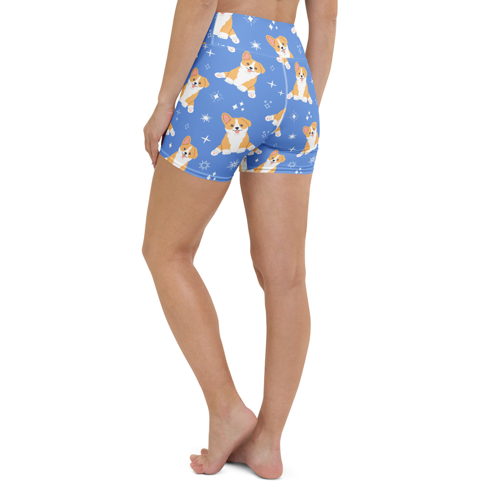 Women’s blue high waisted buttery soft yoga shorts with a playful corgi and starburst pattern