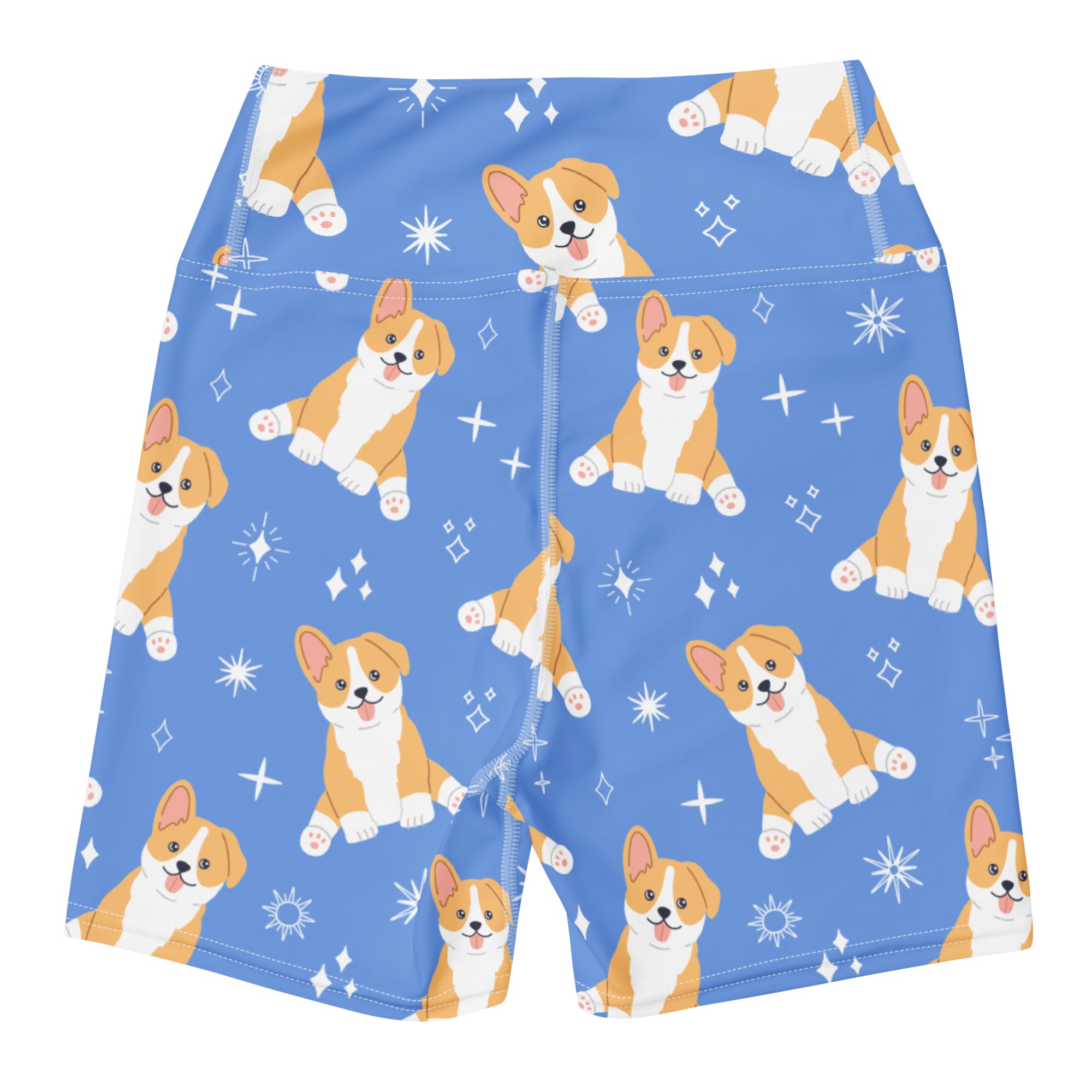 Women’s blue high waisted buttery soft yoga shorts with a playful cartoon corgi and sparkle pattern
