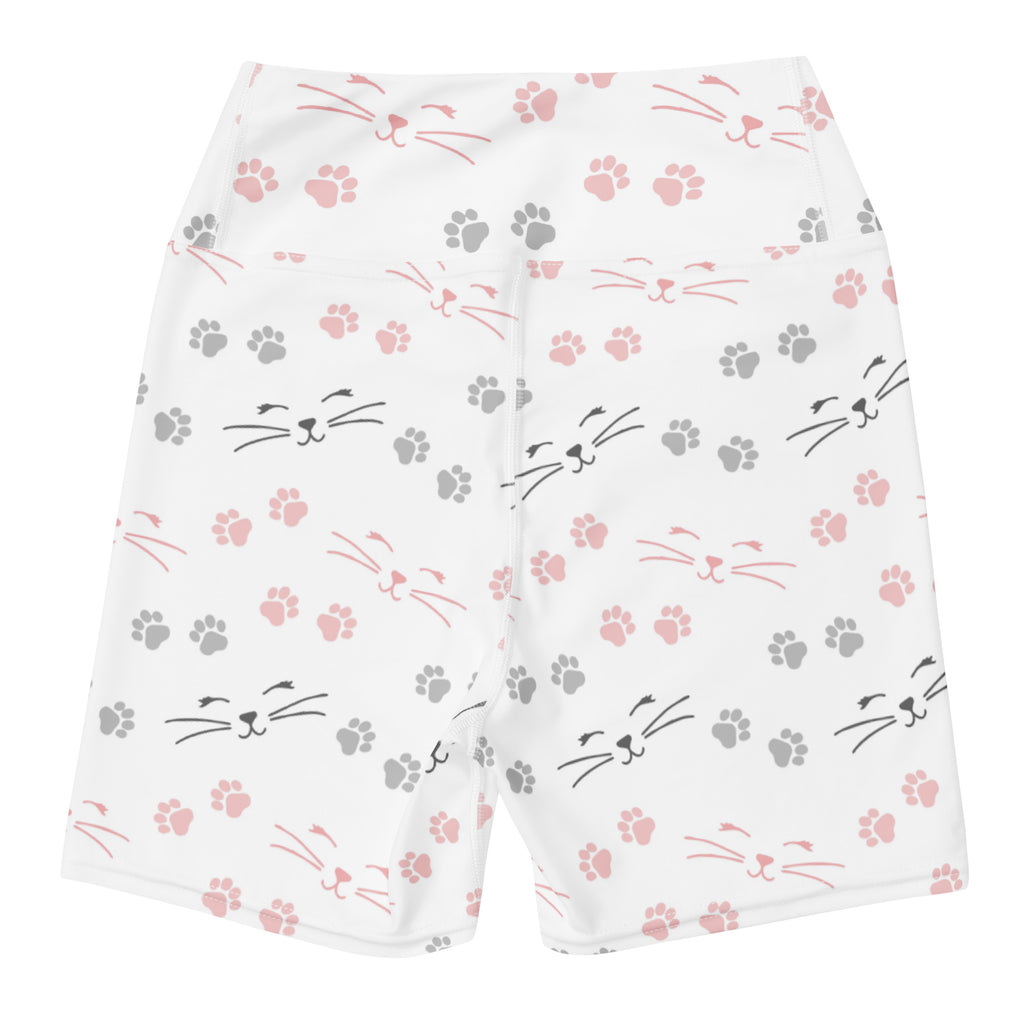 White high waisted buttery soft yoga shorts with pink and gray cat faces and paw prints for women